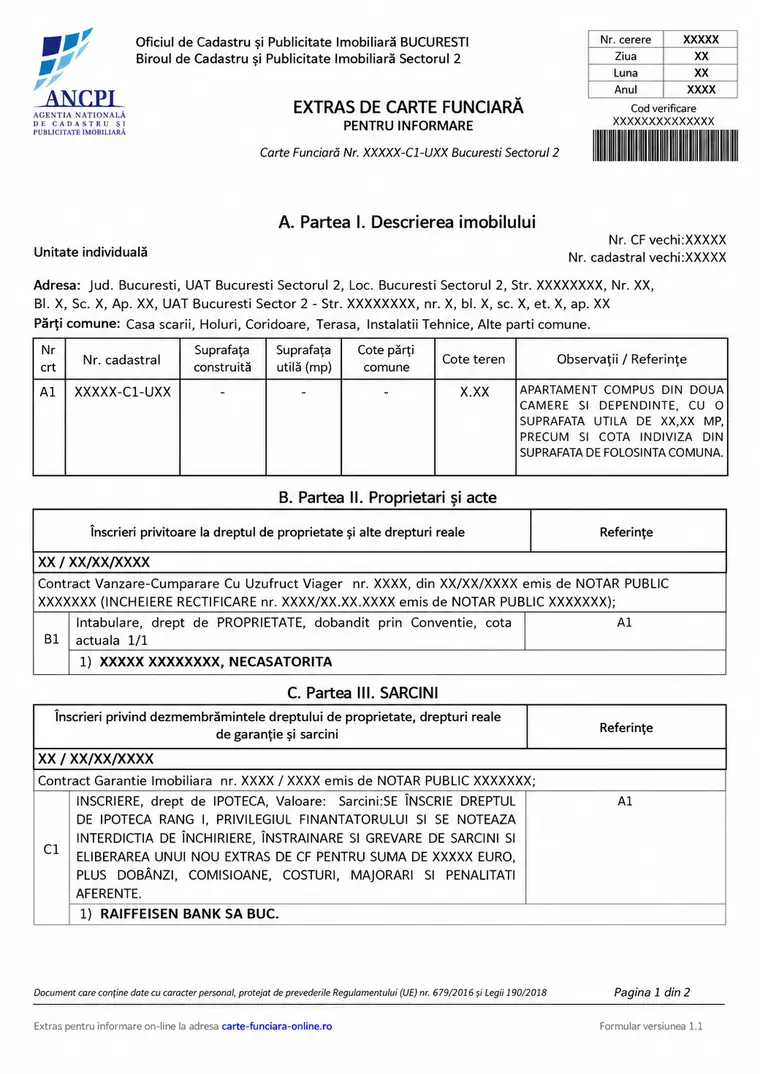 Exemplu de extras de carte funciară pentru informare emis de ANCPI, cu datele anonimizate