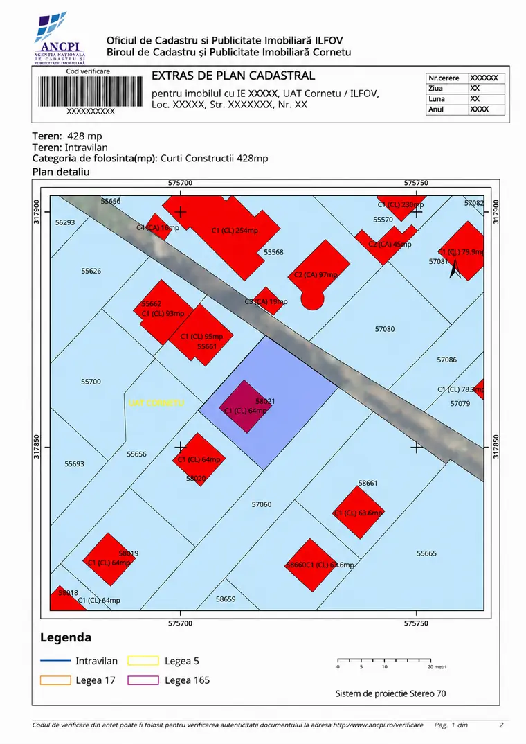 Exemplu de extras de plan cadastral pe ortofotoplan emis de ANCPI, cu datele anonimizate